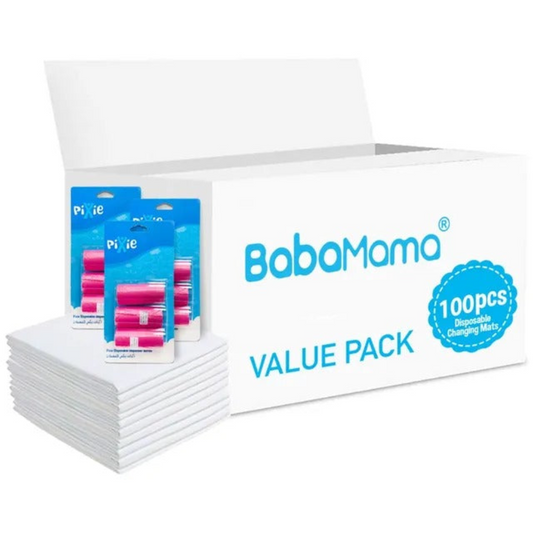 Babamama - Changing Mats 100 + Pack Of 3 Refill Pink - 180 Nappy Bags