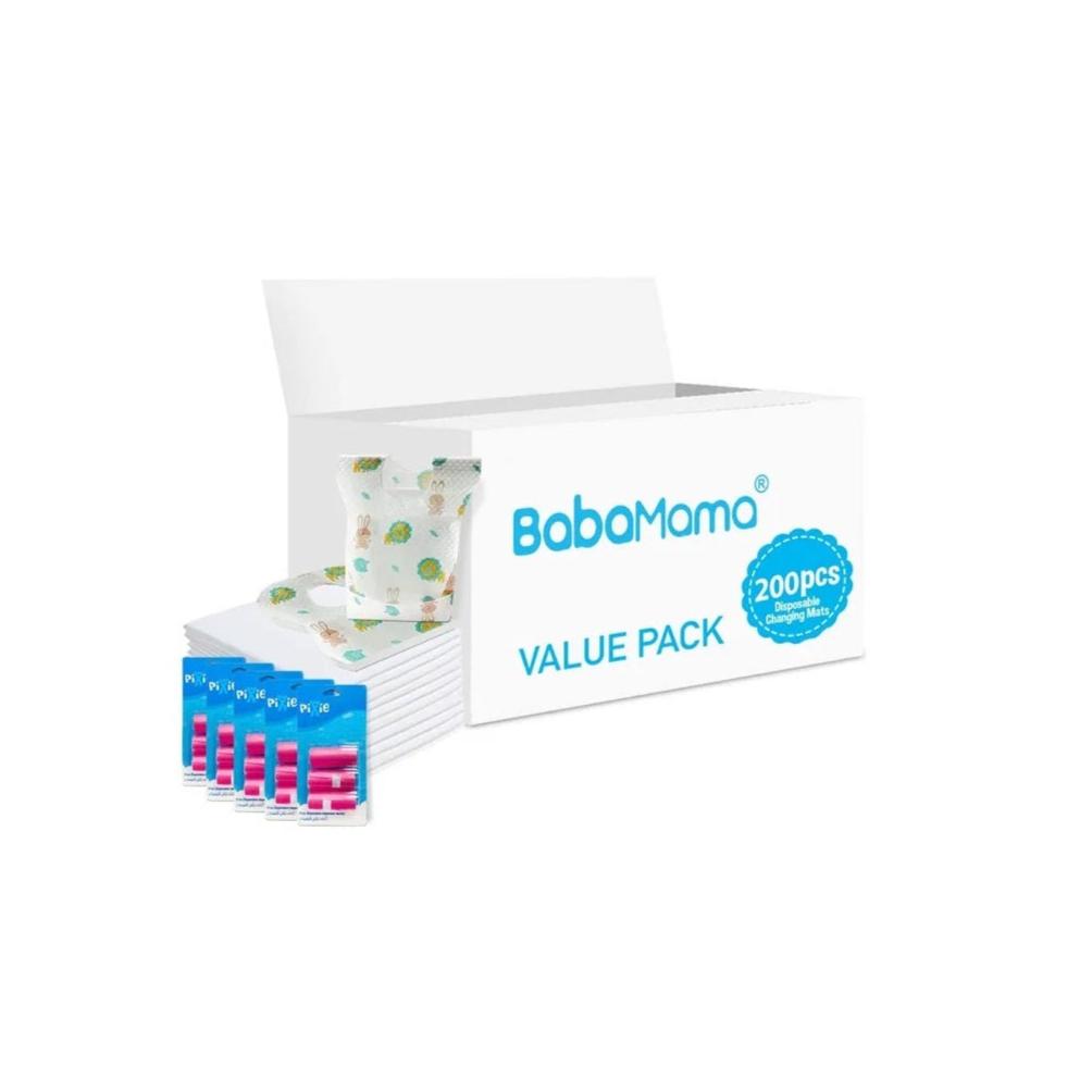 Babamama - Changing Mats 200 + Pixie - Bib 200 + Pack Of 5 Refill Pink 300 Nappy Bags