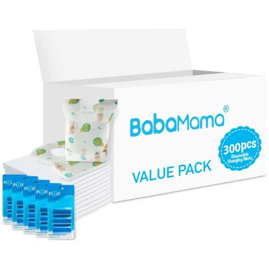 Babamama - Changing Mats 300 + Pixie - Bib 300 + Pack Of 5 Refill Blue 300 Nappy Bags