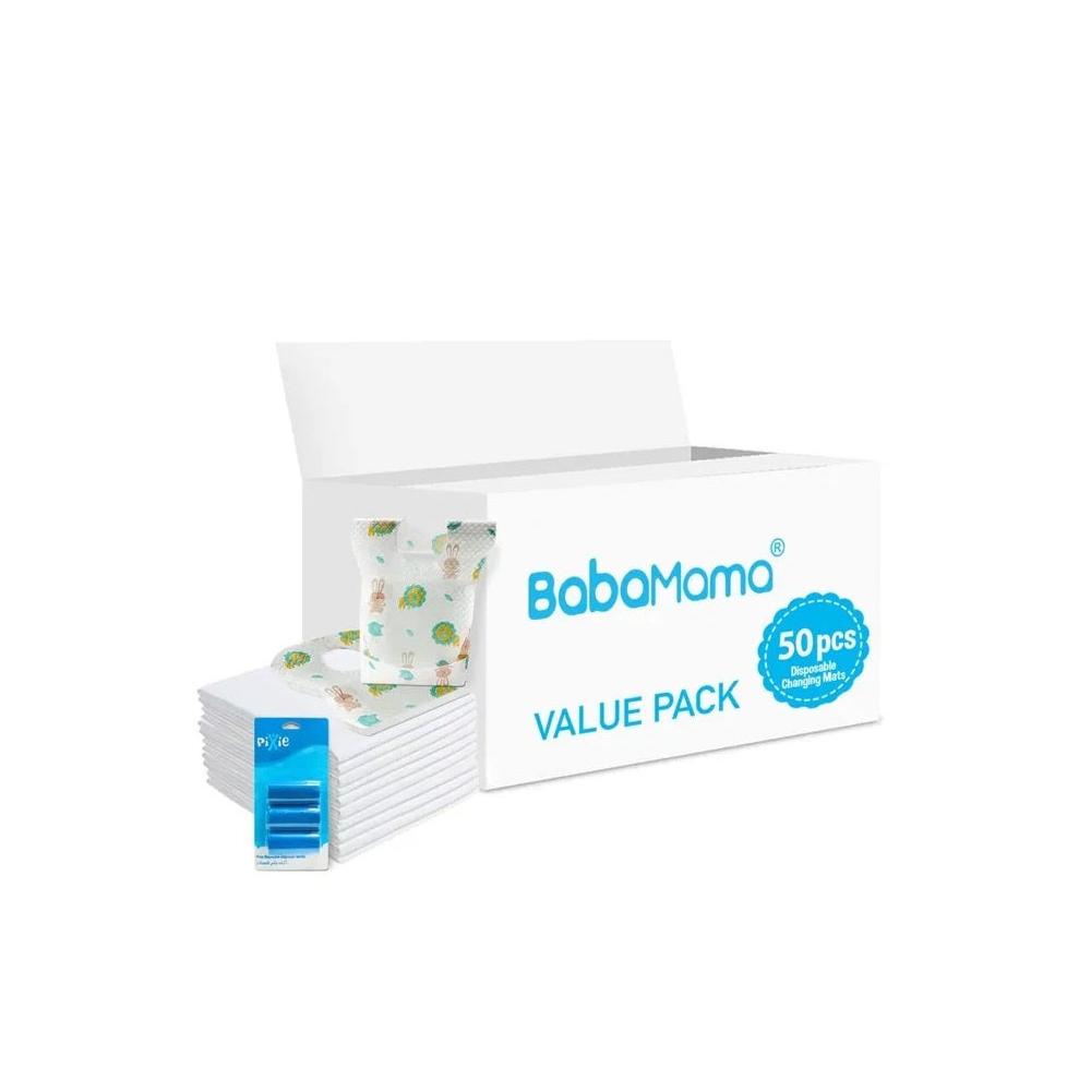 Babamama - Changing Mats 50 + Pixie - Bib 50 + Pack Of 2 Refill Blue 120 Nappy Bags