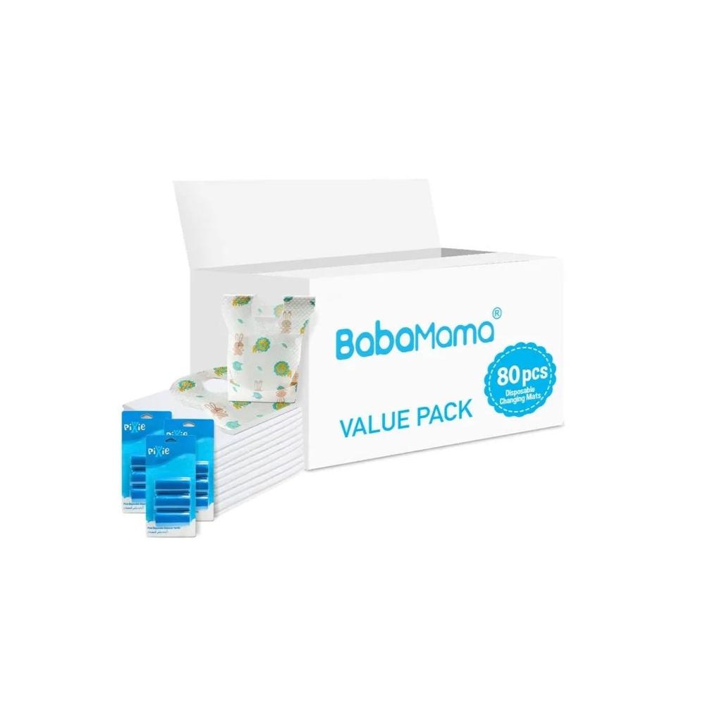 Babamama - Changing Mats 80 + Pixie - Bib 80 + Pack Of 3 Refill Blue 180 Nappy Bags