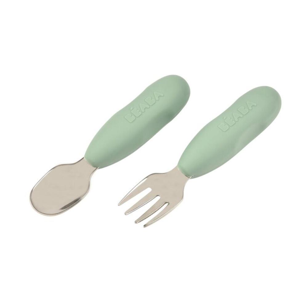 Beaba - Pre-Cutlery Spoon And Fork Set - Sage Green - 2pcs