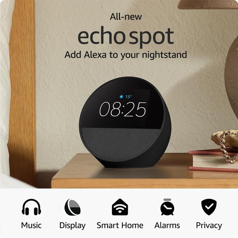 Amazon Echo Spot Smart Alarm Clock with Alexa - Black (2024)