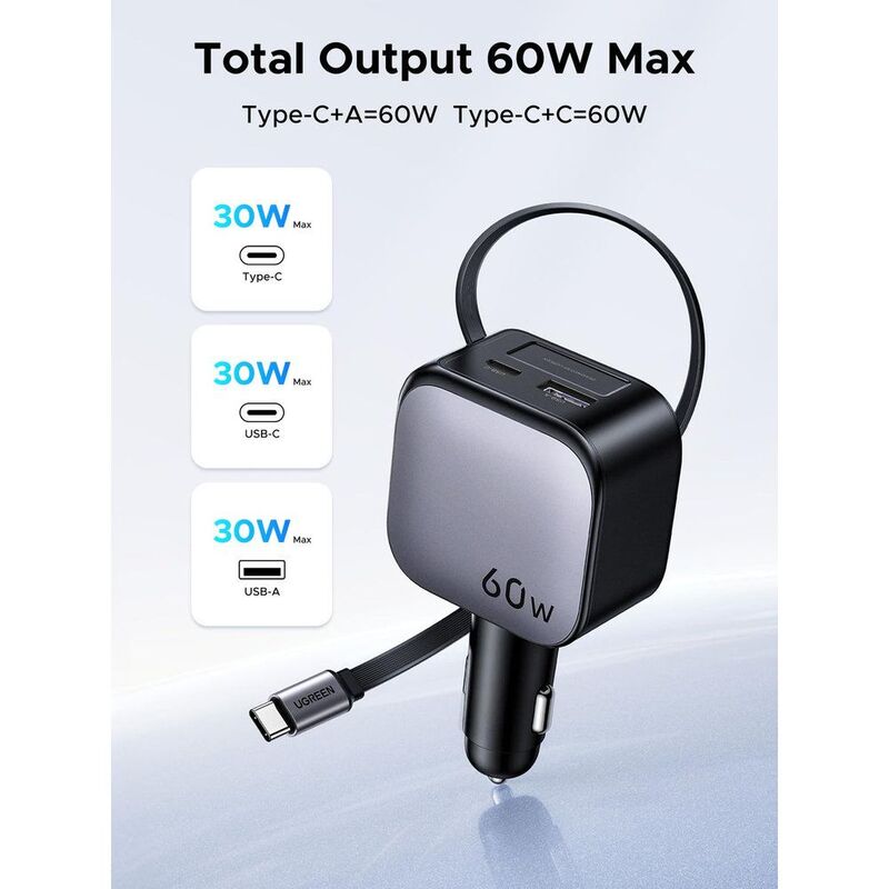 UGreen 60W Fast Car Charger With Retractable Cable - Space Grey