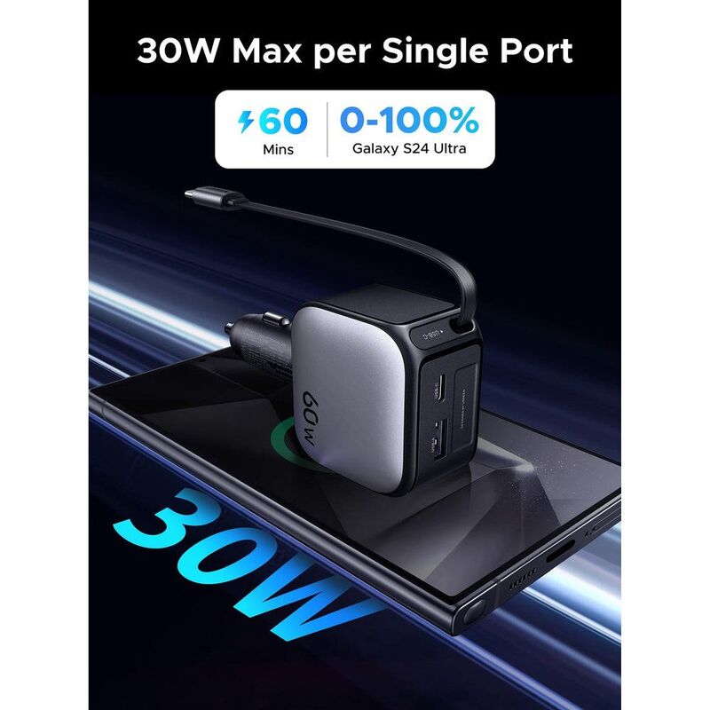 UGreen 60W Fast Car Charger With Retractable Cable - Space Grey