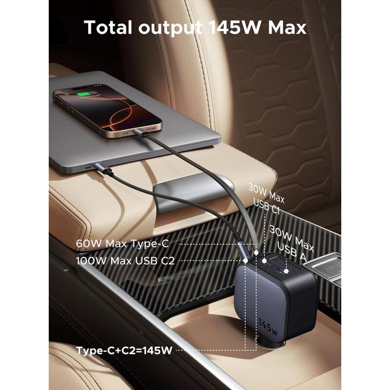 UGreen 145W Fast Car Charger With Retractable Cable - Space Grey