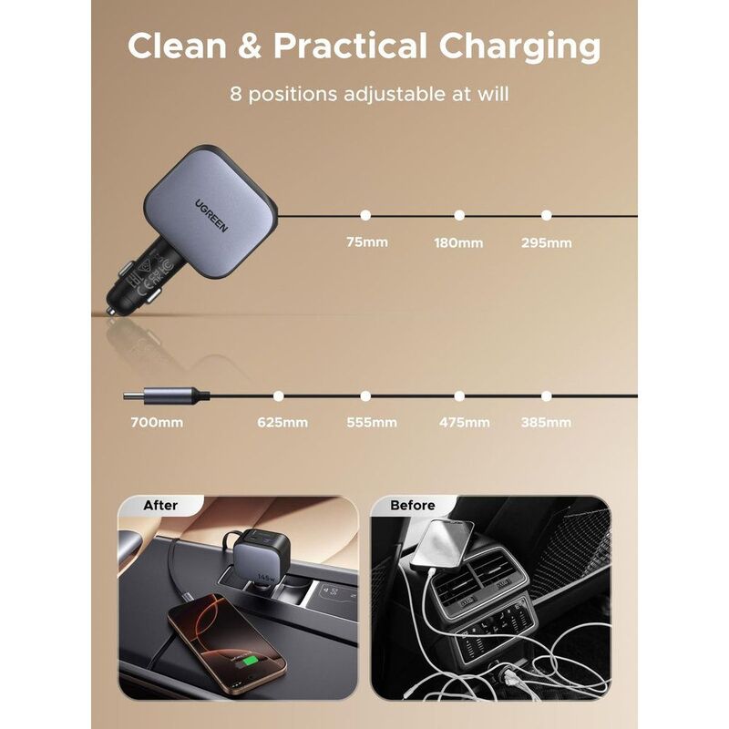 UGreen 145W Fast Car Charger With Retractable Cable - Space Grey