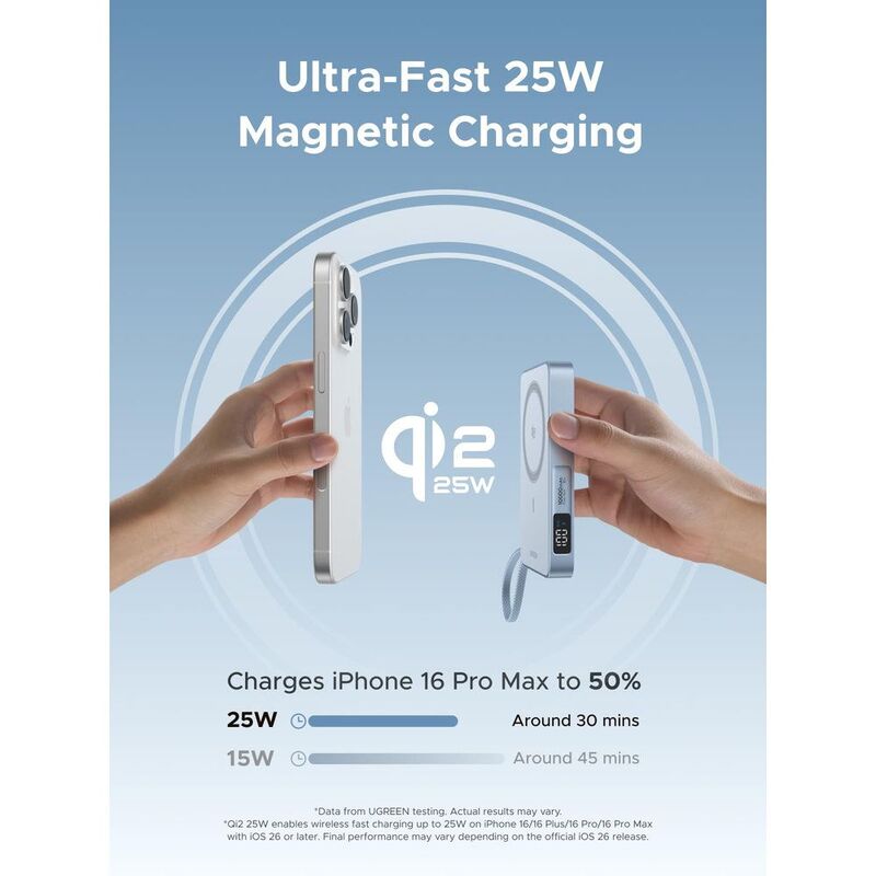 UGreen 2-In-1 Qi2.2 25W Magnetic Wireless Power Bank - Space Grey