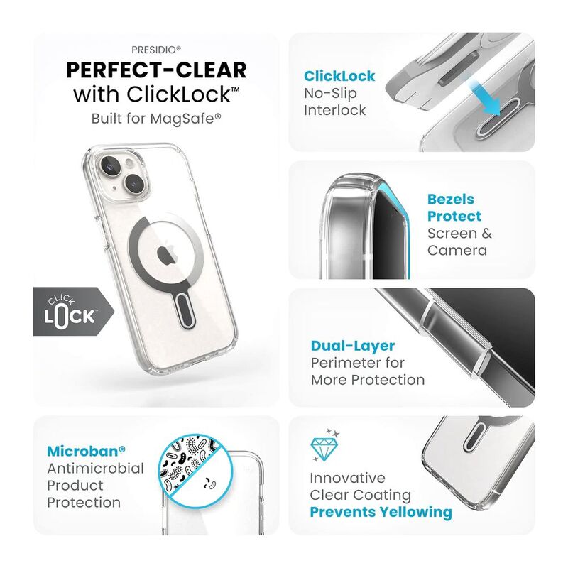 جراب Speck Presidio Perfect-Clear Magsafe مع قفل Clicklock لهاتف iPhone 15 - شفاف