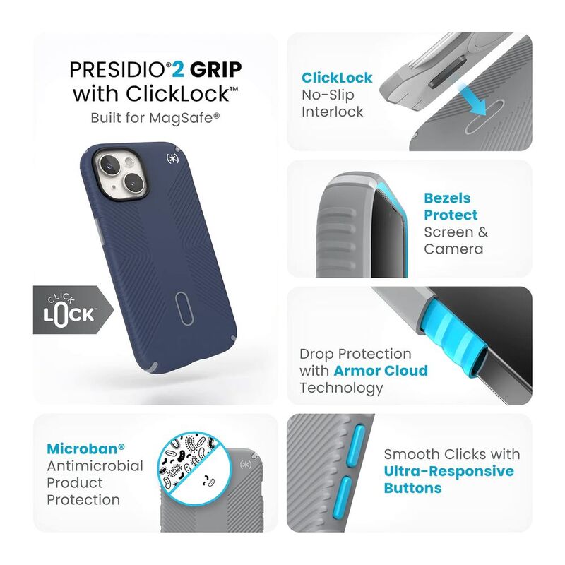 Speck Presidio2 Grip Magsafe with Clicklock iPhone 15 Case - Coastal Blue/Dust Grey