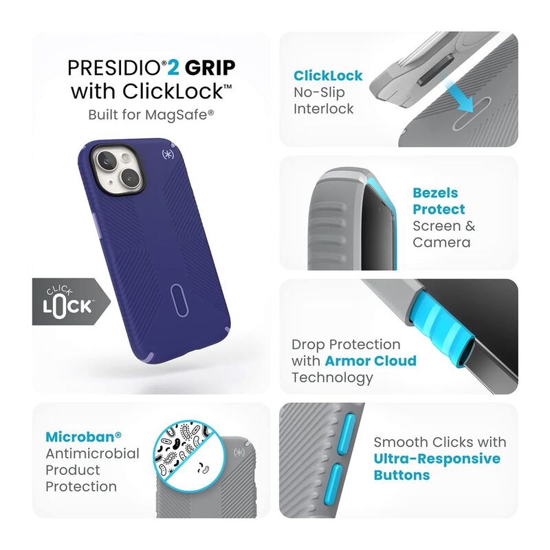Speck Presidio2 Grip Magsafe with Clicklock iPhone 15 Case - Future Blue/Purple Ink