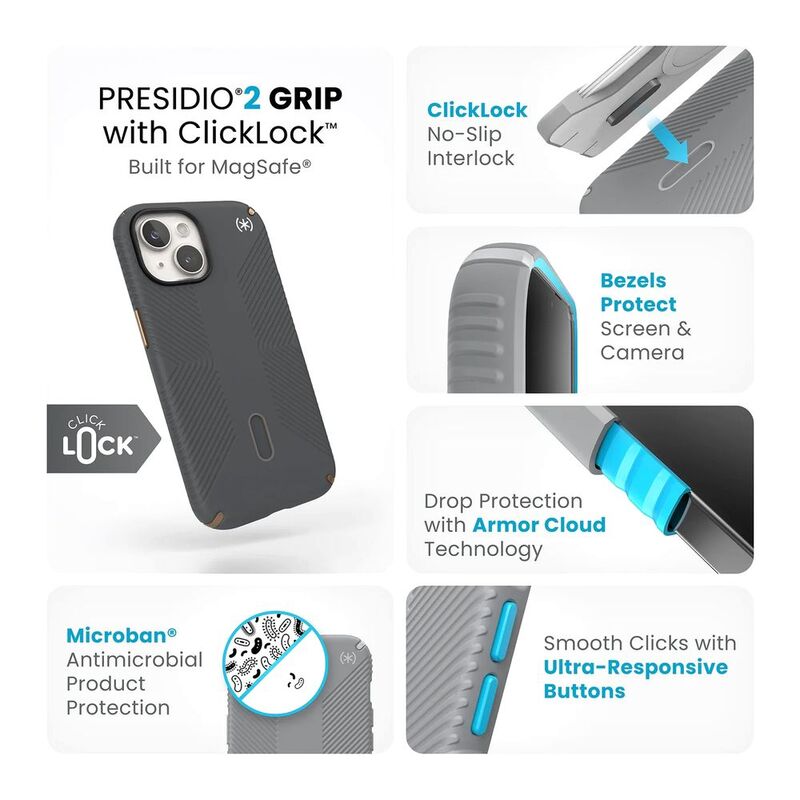 جراب Speck Presidio2 Grip Magsafe لهاتف iPhone 15 - رمادي فحمي/برونزي بارد