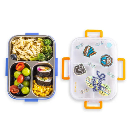 Eazy Kids - 3 Compartment Stainless Steel Bento Lunch Box, 800ml - Skate Board - Purple