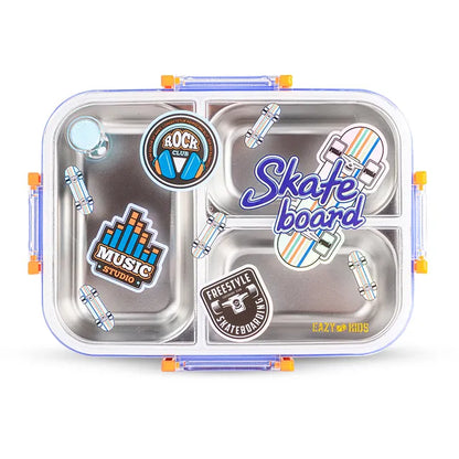 Eazy Kids - 3 Compartment Stainless Steel Bento Lunch Box, 800ml - Skate Board - Purple