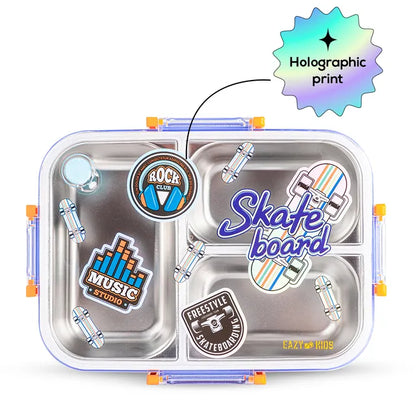 Eazy Kids - 3 Compartment Stainless Steel Bento Lunch Box, 800ml - Skate Board - Purple