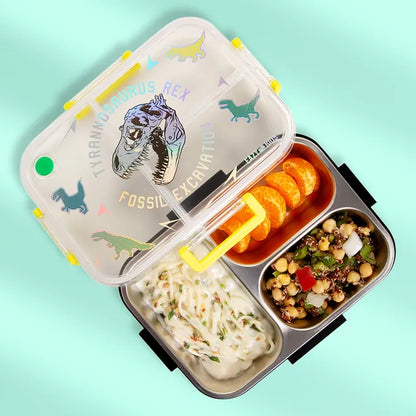 Eazy Kids - 3 Compartment Stainless Steel Bento Lunch Box - T-Rex - 800 ml