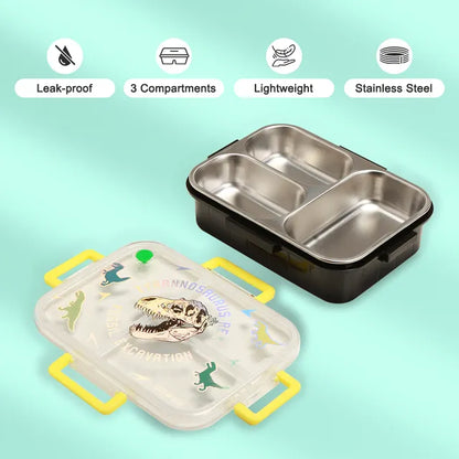 Eazy Kids - 3 Compartment Stainless Steel Bento Lunch Box - T-Rex - 800 ml