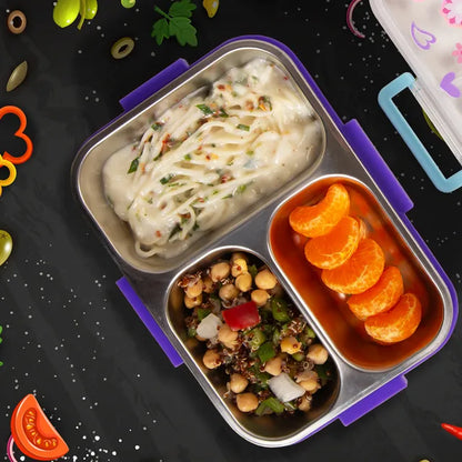 Eazy Kids - 3 Compartment Steel Bento Lunch Box 800ml - Floral Purple