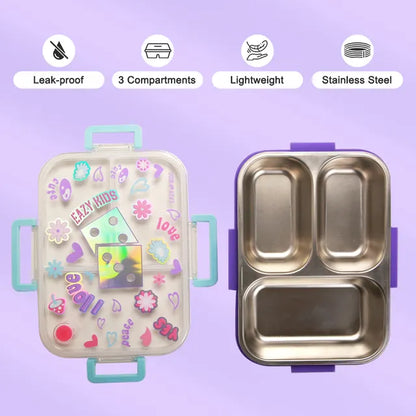 Eazy Kids - 3 Compartment Steel Bento Lunch Box 800ml - Floral Purple
