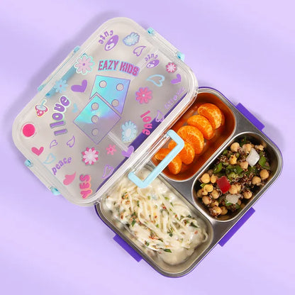 Eazy Kids - 3 Compartment Steel Bento Lunch Box 800ml - Floral Purple