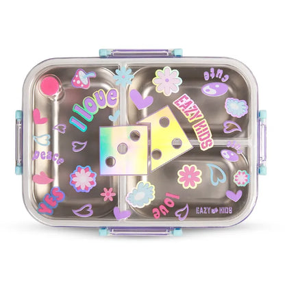 Eazy Kids - 3 Compartment Steel Bento Lunch Box 800ml - Floral Purple