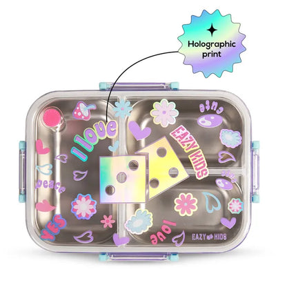 Eazy Kids - 3 Compartment Steel Bento Lunch Box 800ml - Floral Purple