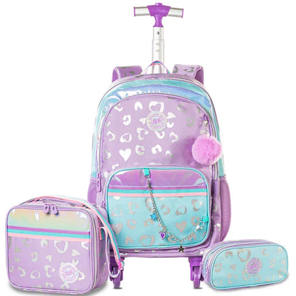 Eazy Kids - 17" 4-wheel Trolley School Bag 3Pc Set - Love Purple