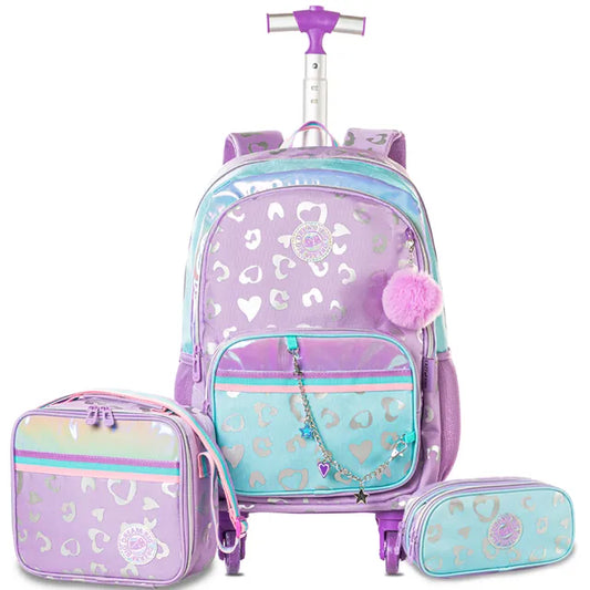 Eazy Kids - 17" 4-wheel Trolley School Bag 3Pc Set - Love Purple