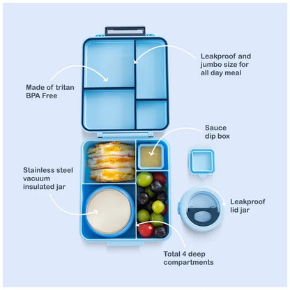 Eazy Kids - 4 Compartments Jumbo Bento Lunch Box With Thermos & Dip Jar