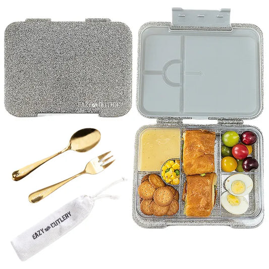 Eazy Kids - 6 Compartment Convertible Bento Lunch Box - Glitter Ivory