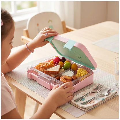 Eazy Kids - 6 & 4 Convertible Bento Lunch Box with Steel Spoon & Fork Set - Always Believe Pink