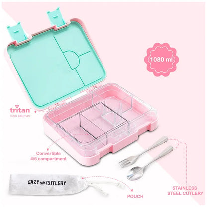 Eazy Kids - 6 & 4 Convertible Bento Lunch Box with Steel Spoon & Fork Set - Always Believe Pink