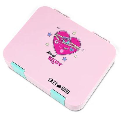 Eazy Kids - 6 & 4 Convertible Bento Lunch Box with Steel Spoon & Fork Set - Always Believe Pink