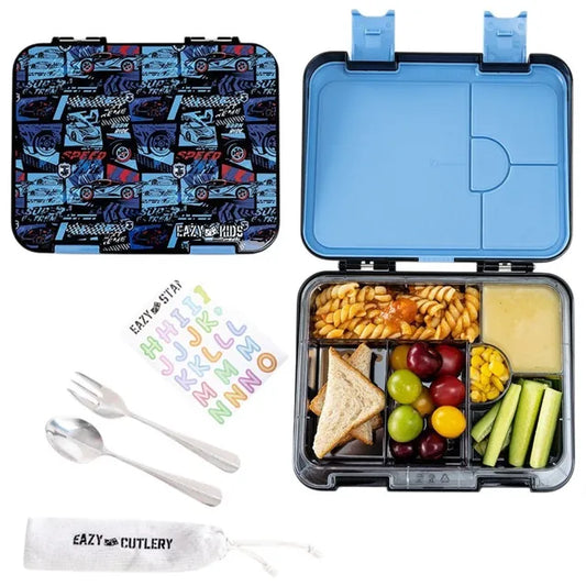 Eazy Kids - 6 & 4 Convertible Bento Lunch Box Set - Car Racing Blue