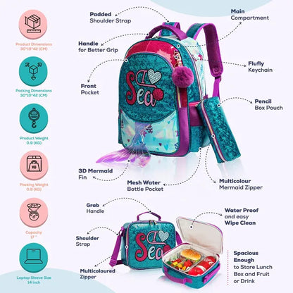 Eazy Kids - 17" Backpack with Lunch Bag & Pencil Case - Sea Green