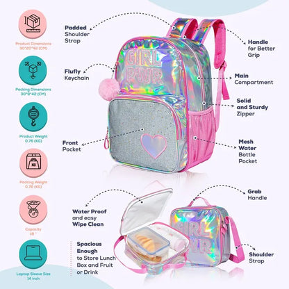 Eazy Kids - 18" Backpack With Lunch Bag And Pencil Case - Girl Power Pink