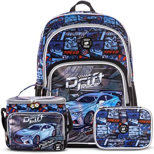 Eazy Kids - 18" Backpack With Lunch Bag & Pencil Case - Car Racing