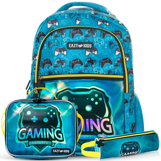 Eazy Kids - 16" Backpack with Lunch Bag & Pencil Case - Gaming