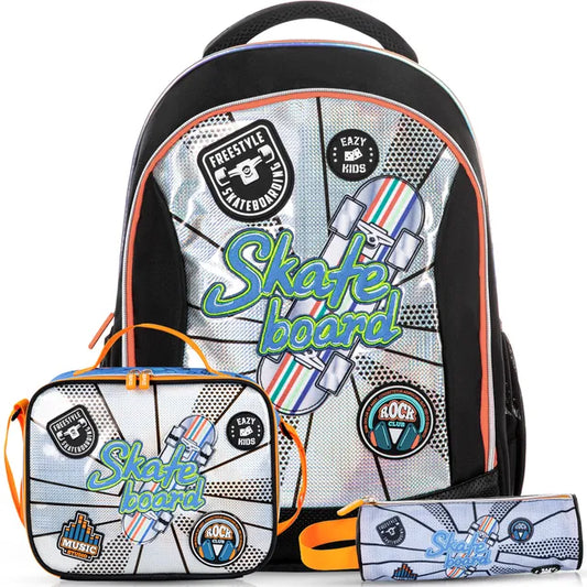 Eazy Kids - 17" Backpack with Lunch Bag & Pencil Case - Skate Board