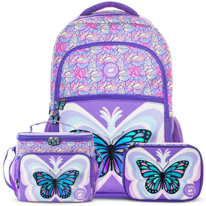 Eazy Kids - 18" Backpack with Lunch & Pencil Bag - 3D Purple Butterfly