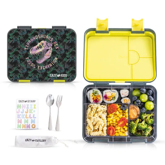 Eazy Kids - Convertible Bento Lunch Box with Spoon & Fork Set - T-Rex Dino