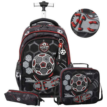 Eazy Kids - 17" Football Trolley School Backpack With Lunch Bag And Pencil Case - Black