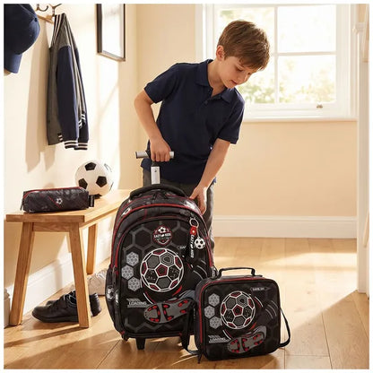 Eazy Kids - 17" Football Trolley School Backpack With Lunch Bag And Pencil Case - Black