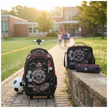 Eazy Kids - 17" Football Trolley School Backpack With Lunch Bag And Pencil Case - Black