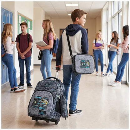 Eazy Kids - 17" Gamer Trolley School Backpack With Lunch Bag And Pencil Case - Grey