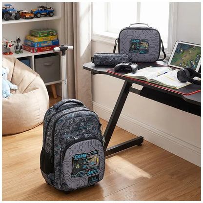 Eazy Kids - 17" Gamer Trolley School Backpack With Lunch Bag And Pencil Case - Grey