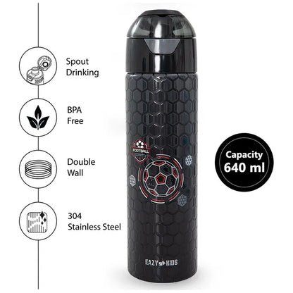 Eazy Kids - Insulated Stainless Steel Spray Water Bottle - Football Black - 640 ml