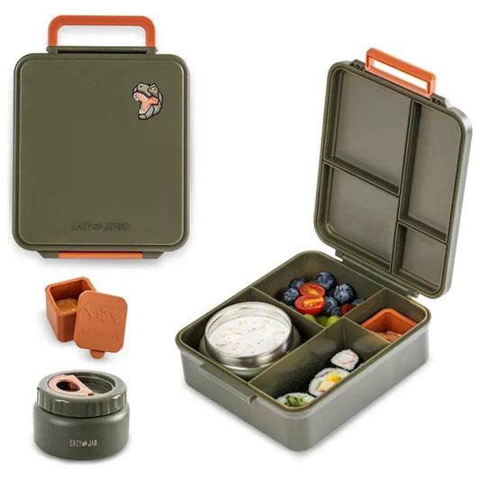 Eazy Kids - Jumbo Bento Lunch Box With Thermos & Dip Jar - Dino Green