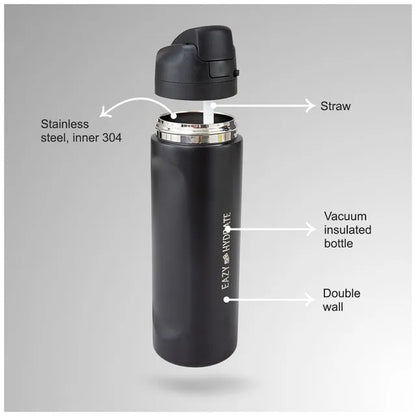 Eazy Kids - Straw And Spout Stainless Steel Water Bottle - Black - 710 ml