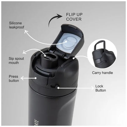 Eazy Kids - Straw And Spout Stainless Steel Water Bottle - Black - 710 ml